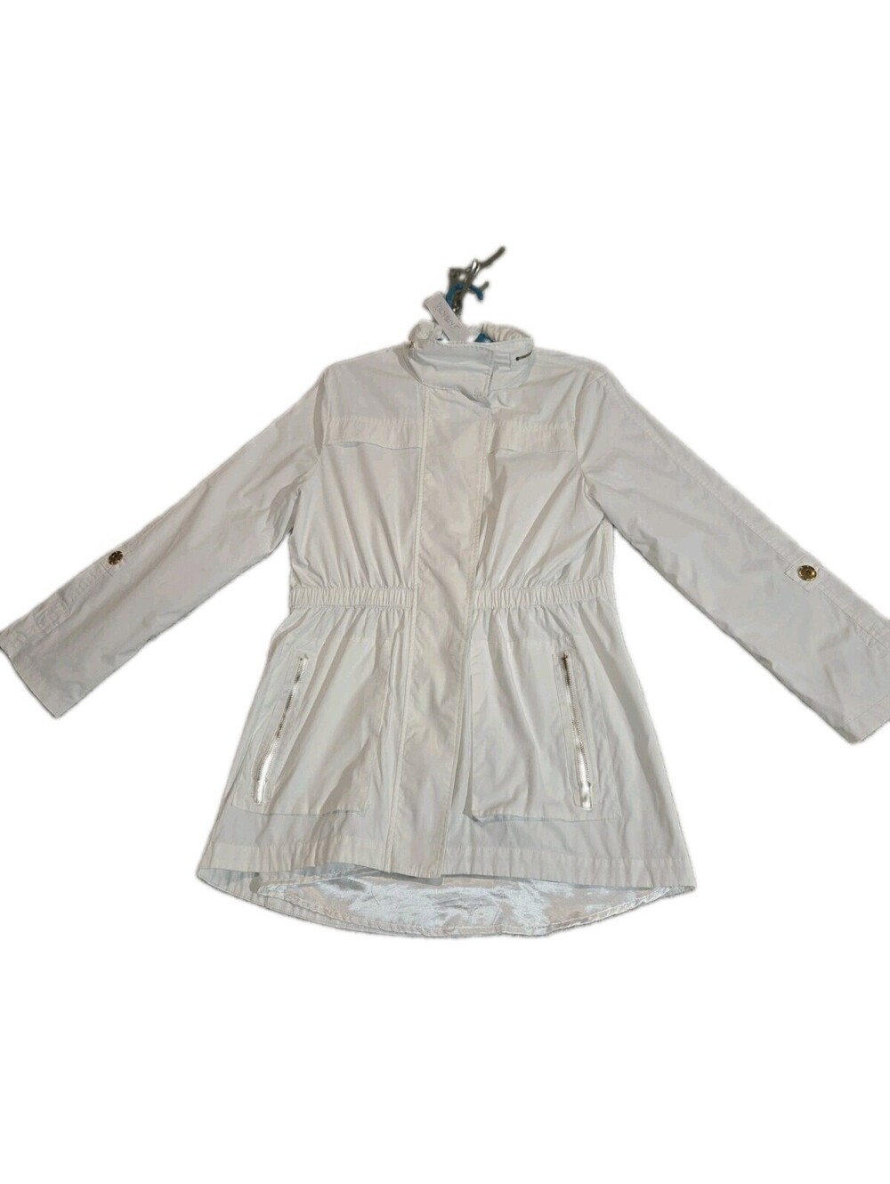 CM 1969 Ciao Milano  Rain Jacket S Womens White Gold Zip Pockets Roll Tab Sleeve